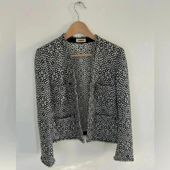 L’AGENCE Tweed Fringe Cropped black/ white blazer Jacket Sz 8 Veronica beard - Picture 2 of 10